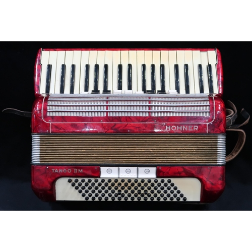 369 - A HOHNER TANGO II M 96 bass  37 key piano accordion in red with case