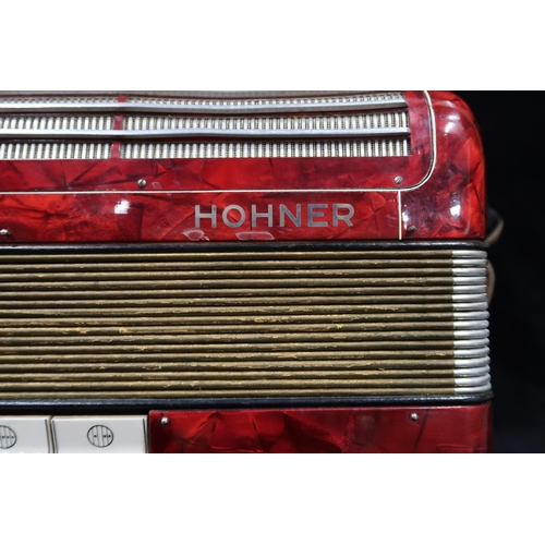 369 - A HOHNER TANGO II M 96 bass  37 key piano accordion in red with case