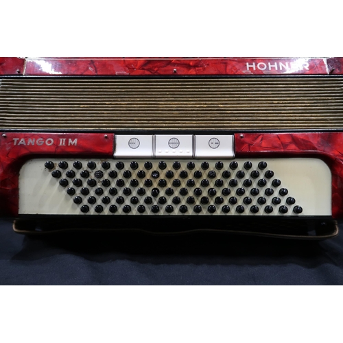 369 - A HOHNER TANGO II M 96 bass  37 key piano accordion in red with case