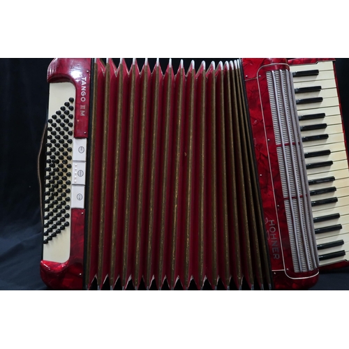 369 - A HOHNER TANGO II M 96 bass  37 key piano accordion in red with case