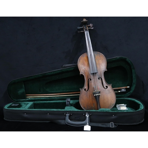 381 - A two piece back violin 35cm together with a bow 56 grams and case