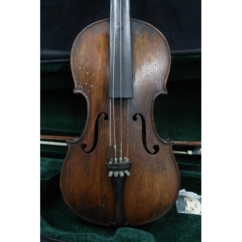 381 - A two piece back violin 35cm together with a bow 56 grams and case