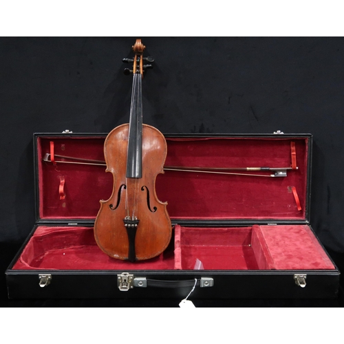 382 - A two piece back violin 36cm together with a bow 62 grams and case