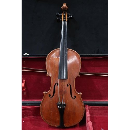 382 - A two piece back violin 36cm together with a bow 62 grams and case