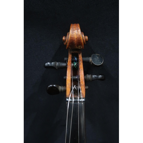 382 - A two piece back violin 36cm together with a bow 62 grams and case