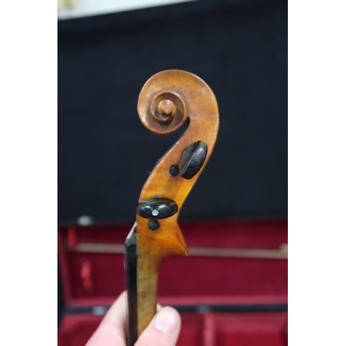 382 - A two piece back violin 36cm together with a bow 62 grams and case