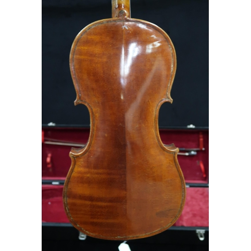 382 - A two piece back violin 36cm together with a bow 62 grams and case