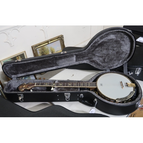 384 - A Barnes & Mullins 22 fret 5 string Jo' the Troubadour banjo with a burl maple resonator paired ... 