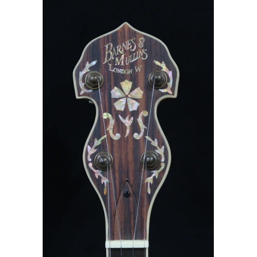 384 - A Barnes & Mullins 22 fret 5 string Jo' the Troubadour banjo with a burl maple resonator paired ... 