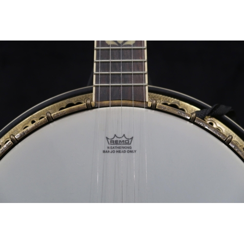 384 - A Barnes & Mullins 22 fret 5 string Jo' the Troubadour banjo with a burl maple resonator paired ... 