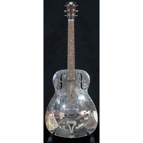 KING a King Recording steel body resonator six string guitar model RM-998-D in a fitted guitar case.