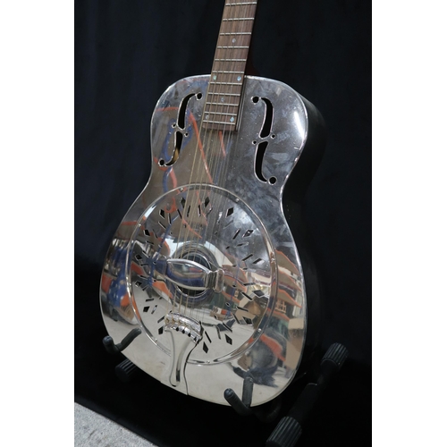 387 - KING a King Recording steel body resonator six string guitar model RM-998-D in a fitted guitar case.... 