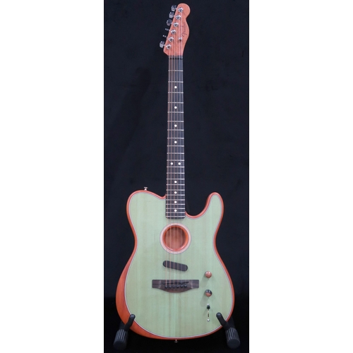 FENDER A Fender Telecaster Acoustasonic six string electric guitar in surf green with a padded Fender gig bag.