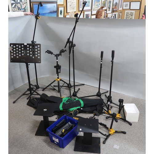 405 - A lot comprising a quantity of professional studio equipment with Hercules guitar stands,  mike stan... 