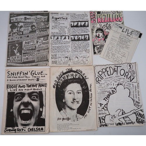 A collection of Punk DIY ephemera with fanzines and part fanzines Sniffin Glue issue 5 1976, Ripped & Torn issue 3 1977, Glasgow fanzine Now an Extra Boring Fanzine number 3, The Sex Pistols Scrap Book etc