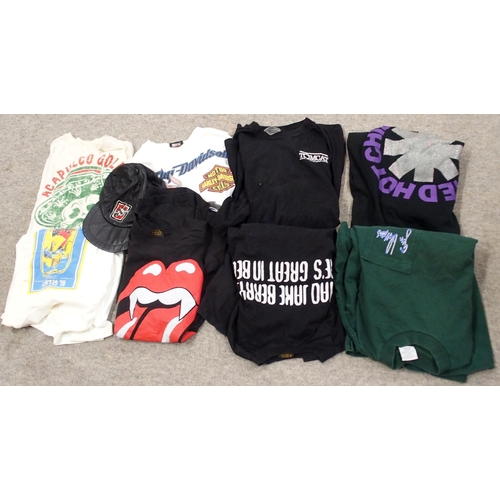 417 - A lot of various tour T Shirts with The Rolling Stones to include a leather cap, Red Hot Chilli Pepp... 