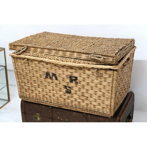 56 - A lot comprising 19th century wicker laundry hamper, 50cm high x 91cm wide x 61cm deep and a wood bo... 