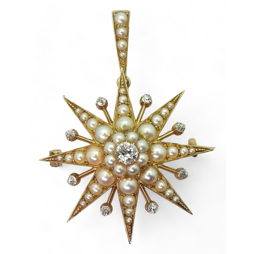 2710 - A VICTORIAN STAR PENDANT BROOCHthe mount in bright yellow metal, set with quality split pearls and o... 