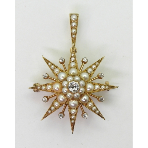 2710 - A VICTORIAN STAR PENDANT BROOCHthe mount in bright yellow metal, set with quality split pearls and o... 