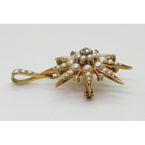 2710 - A VICTORIAN STAR PENDANT BROOCHthe mount in bright yellow metal, set with quality split pearls and o... 