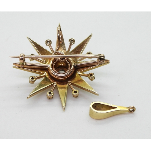 2710 - A VICTORIAN STAR PENDANT BROOCHthe mount in bright yellow metal, set with quality split pearls and o... 