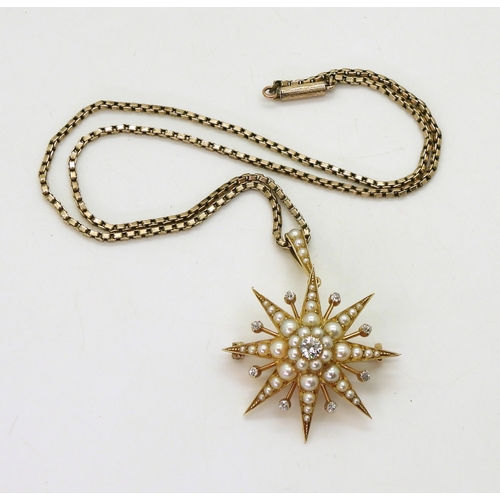 2710 - A VICTORIAN STAR PENDANT BROOCHthe mount in bright yellow metal, set with quality split pearls and o... 