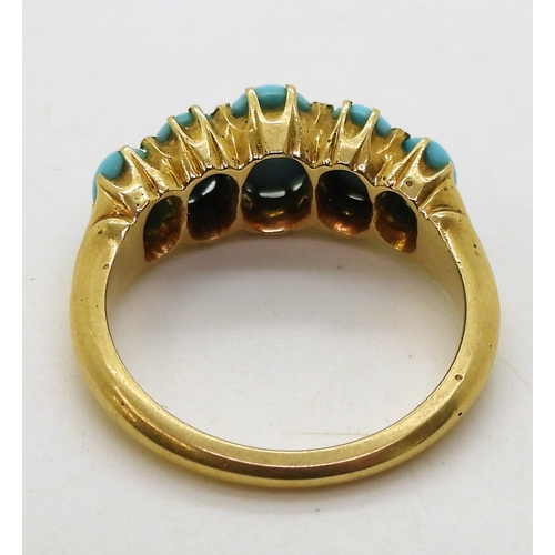 2712 - A TURQUOISE VINTAGE RINGthe classic mount is set  with five oval turquoise gemstones. The large... 