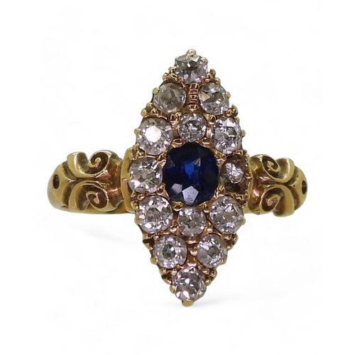 2714 - A SAPPHIRE & DIAMOND MARQUIS RINGwith pretty 18ct gold scroll mount, hallmarked Birmingham 1893,... 