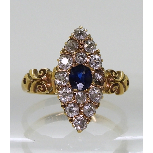 2714 - A SAPPHIRE & DIAMOND MARQUIS RINGwith pretty 18ct gold scroll mount, hallmarked Birmingham 1893,... 