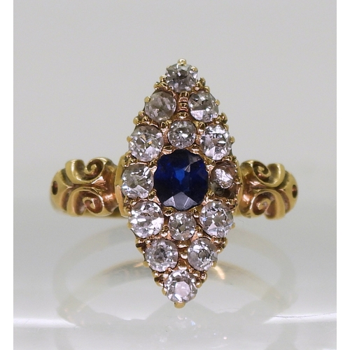 2714 - A SAPPHIRE & DIAMOND MARQUIS RINGwith pretty 18ct gold scroll mount, hallmarked Birmingham 1893,... 