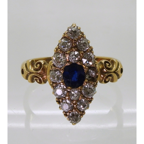 2714 - A SAPPHIRE & DIAMOND MARQUIS RINGwith pretty 18ct gold scroll mount, hallmarked Birmingham 1893,... 