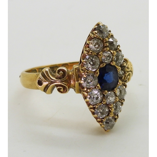 2714 - A SAPPHIRE & DIAMOND MARQUIS RINGwith pretty 18ct gold scroll mount, hallmarked Birmingham 1893,... 