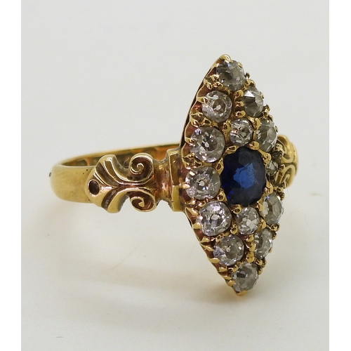 2714 - A SAPPHIRE & DIAMOND MARQUIS RINGwith pretty 18ct gold scroll mount, hallmarked Birmingham 1893,... 