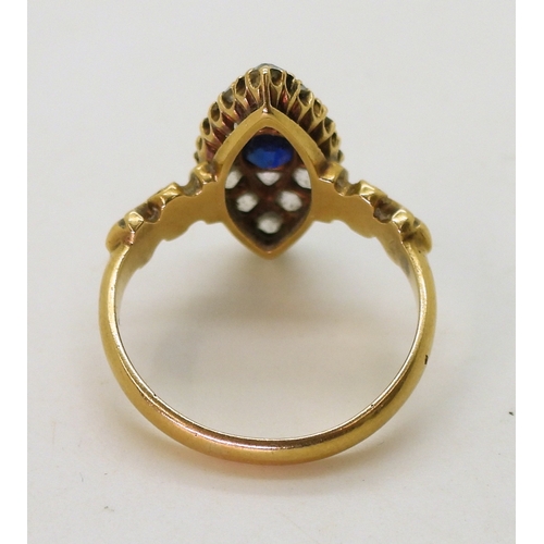 2714 - A SAPPHIRE & DIAMOND MARQUIS RINGwith pretty 18ct gold scroll mount, hallmarked Birmingham 1893,... 