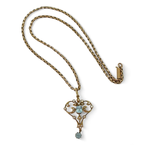 2715 - A 15CT GOLD EDWARDIAN PENDANTset with aquamarine and split pearls, length with bail 4cm, with a vint... 