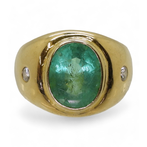 2722 - A GENTS EMERALD & DIAMOND RINGmounted in bright yellow metal, set with a 12mm x 10mm x 7.5mm ova... 