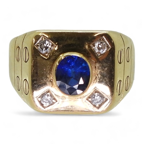 2732 - A SAPPHIRE & DIAMOND RINGmade in bright yellow metal, set with a 6mm x 5mm x 2.8mm sapphire, fur... 