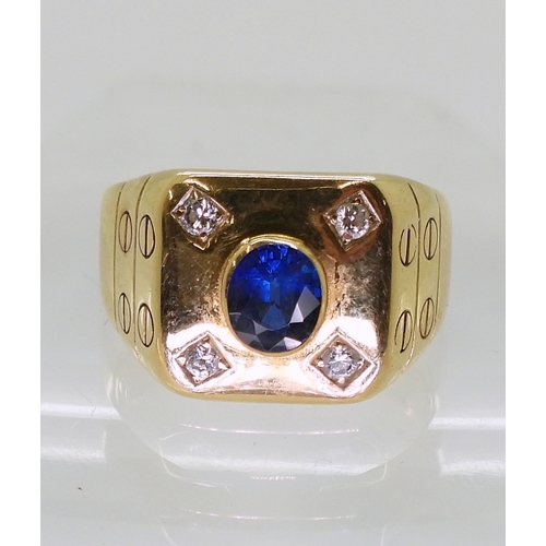 2732 - A SAPPHIRE & DIAMOND RINGmade in bright yellow metal, set with a 6mm x 5mm x 2.8mm sapphire, fur... 