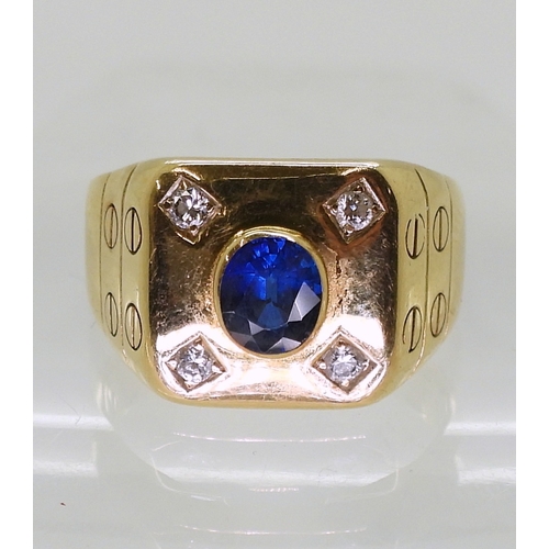 2732 - A SAPPHIRE & DIAMOND RINGmade in bright yellow metal, set with a 6mm x 5mm x 2.8mm sapphire, fur... 