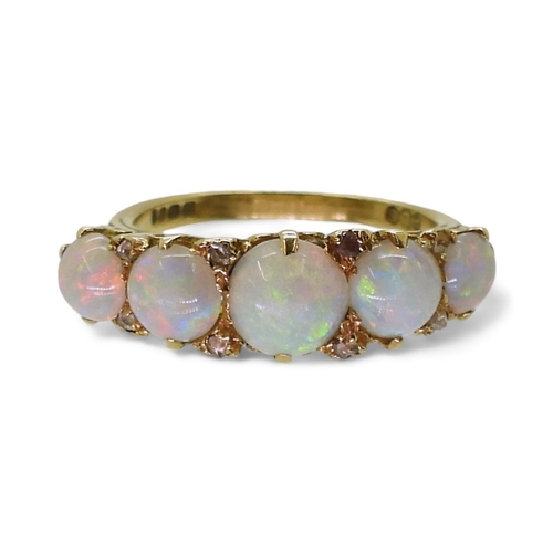 2738 - OPAL & DIAMOND FIVE STONE RINGnice lively opals, with rose cut diamond accents set between, in c... 