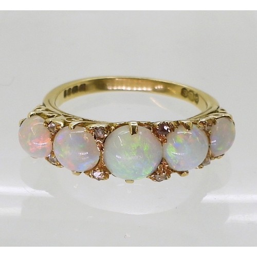 2738 - OPAL & DIAMOND FIVE STONE RINGnice lively opals, with rose cut diamond accents set between, in c... 