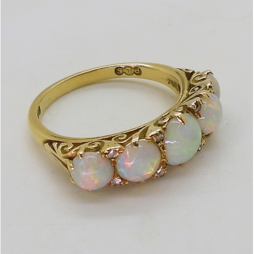 2738 - OPAL & DIAMOND FIVE STONE RINGnice lively opals, with rose cut diamond accents set between, in c... 