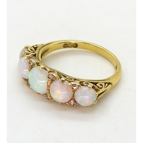 2738 - OPAL & DIAMOND FIVE STONE RINGnice lively opals, with rose cut diamond accents set between, in c... 