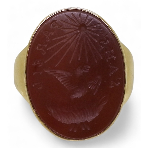 2741 - A CARNELIAN INTAGLIO RINGcarved with a Phoenix rising from the flames with the motto Sans Pareil - w... 