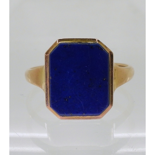 2742 - A LAPIS LAZULI SIGNET RINGin a 9ct rose gold mount, made by Shipton & Co, finger size P, weight ... 