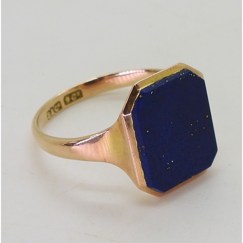 2742 - A LAPIS LAZULI SIGNET RINGin a 9ct rose gold mount, made by Shipton & Co, finger size P, weight ... 