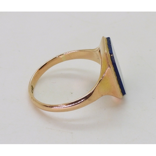 2742 - A LAPIS LAZULI SIGNET RINGin a 9ct rose gold mount, made by Shipton & Co, finger size P, weight ... 