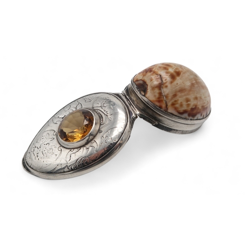 2500 - AN UNUSUAL SCOTTISH SILVER-MOUNTED COWRIE SHELL SNUFF BOXunmarked, inset with an amber cairngorm to ... 