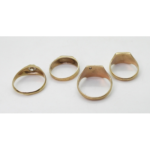 9001 - Three 9ct gold signet rings, sunrise with clear gem X1/2, diamond accent set T, JC signet size R1/2 ... 