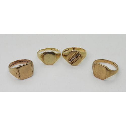 9003 - Four 9ct gold signet rings, one with a line of diamonds, size P, others sizes Q, R1/2, N1/2. Weight ... 